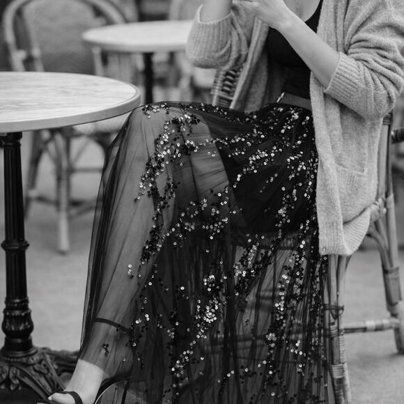 NWT Y2K Black Sequin Sheer Pleated Maxi Skirt Low Rise Party Evening Statement - Picture 6 of 10